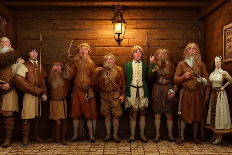 Prompt: A group of High Fantasy Creatures lined up for a portrait in a tavern, Screenshot of Wes Anderson's New RPG Movie, Photo realistic, Regal, Formal, Symmetrical, Satisfying, Dynamic lighting, Highly Detailed, Cinematic Lighting, 8k, HD