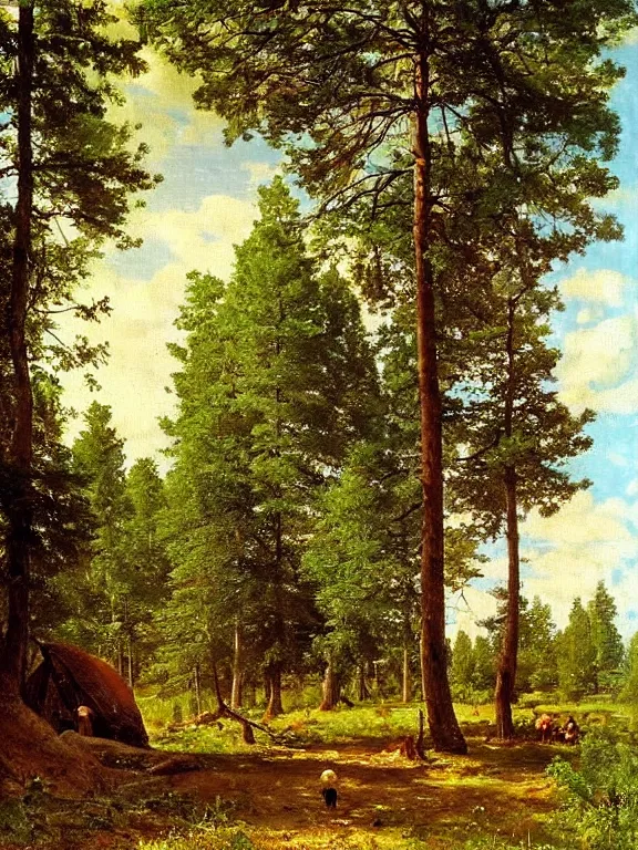 Image similar to Ivan Shishkin painting of a beautiful burger at forest, beautiful lighting, sunny, summer, painting Ivan Shishkin