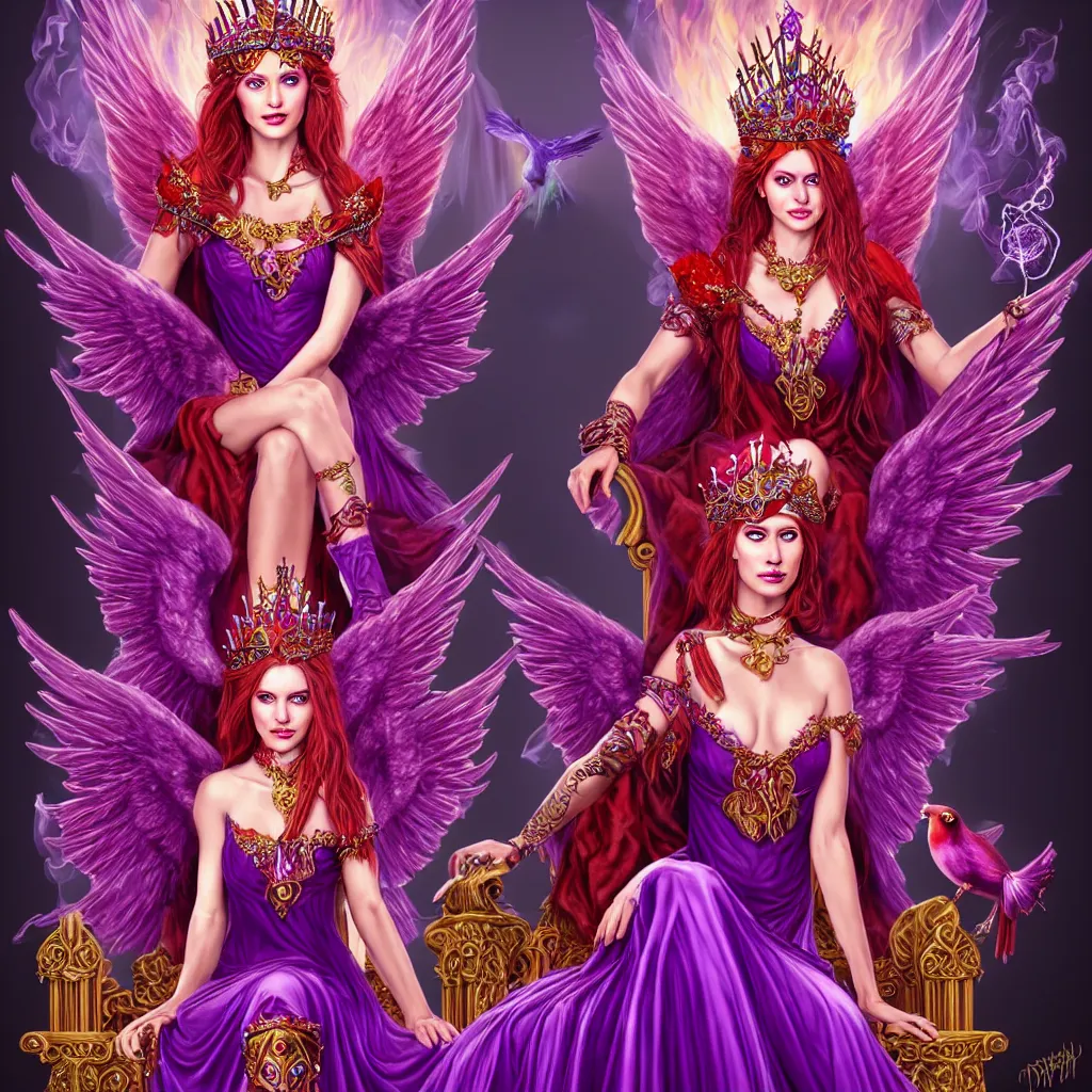 Image similar to Princess sorceress with red flaming bird wings on her back and sitting on an ornate throne dressed in a fancy purple dress, beautiful realistic face, Fantasy, Full Portrait, High detail, realistic, planeswalker