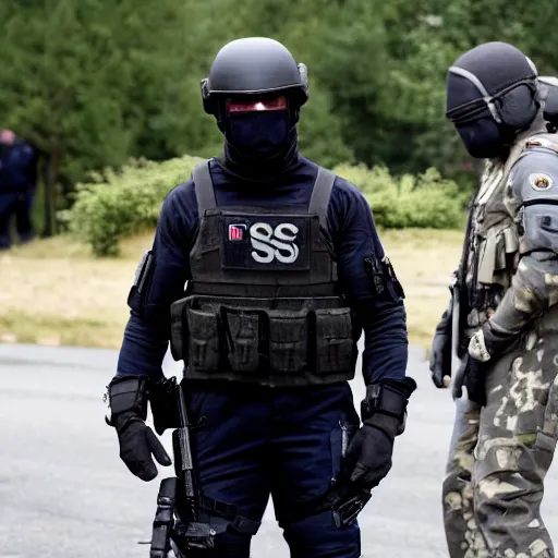 Image similar to emmanuel macron wearing a fbi swat sas police gign tactical suit wearing a fbi swat sas police gign tactical suit