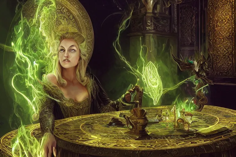 Image similar to a beautiful sorceress wearing a black robe with gold embroidery, sitting at table, casting a spell, green glows, painted by donato giancola and artgerm and tom bagshaw, in the style of magic the gathering, highly detailed digital art