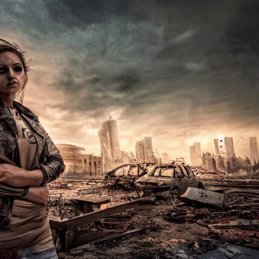 Image similar to pretty face, wide angle lens, photorealistic, 4k, background of destroyed city post apocalyptic, steakpunk, soft lighting, portrait