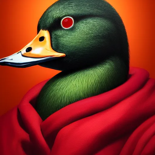 Image similar to portrait of cute mallard duck, glowing red eyes, wearing cultist red robe, doing witchcraft inside a castle, expressive oil painting, digital art, octane render