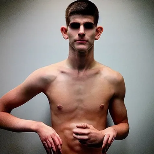 Prompt: “a realistic detailed photo of a guy who is an attractive humanoid who is half robot and half humanoid, who is a male android, Christian Pulisic, shiny skin, posing like a statue, blank stare, on display”