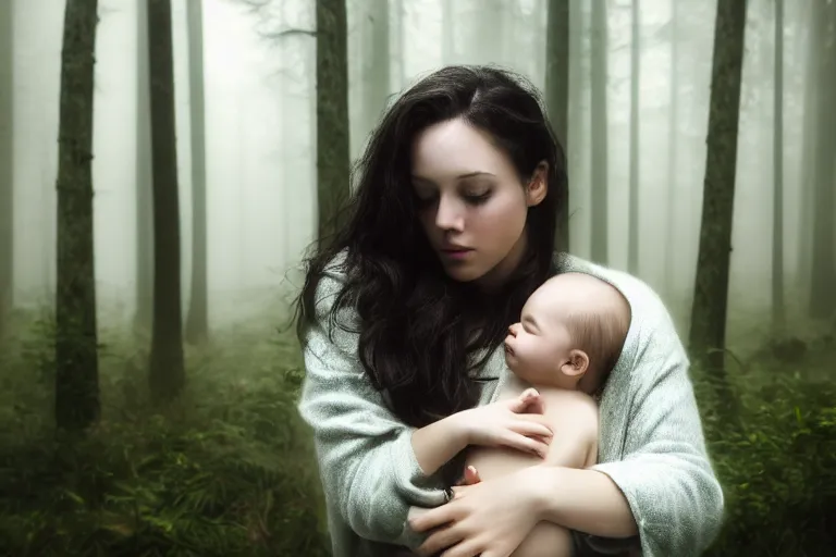 Image similar to a cinematic photo of a young woman with dark hair holds a baby in a dark, foggy forest, closeup, masterpiece