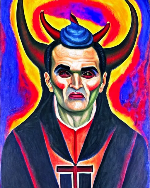 Image similar to expressionist painting of demonic aloysius stepinac with demonic eyes and horns, vivid colors, high production value, intricate details, high resolution, hyperrealistic, hdr, high definition, masterpiece, ultra realistic, highly detailed, hd, sharp focus, non blurry, sharp, smooth