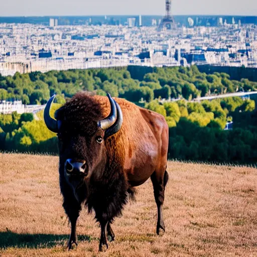 Image similar to photo of a bison on the background of the Eiffel Tower, 50mm, beautiful photo