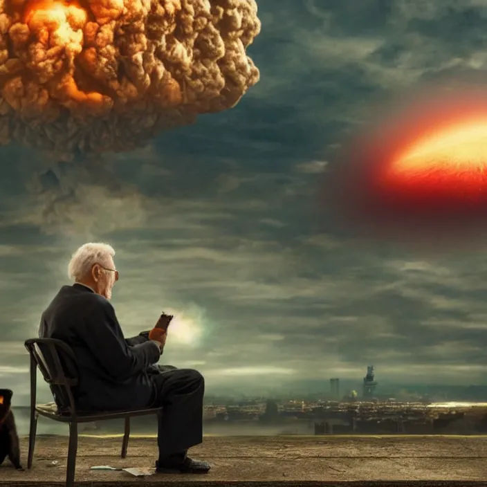 Prompt: cinematic movie, background blur bokeh, old man sitting in chair with black cat watching nuke explosion, world ending nuke, 4 k
