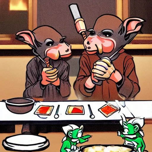 Prompt: two goblins eating with chopsticks, magic the gathering illustration style