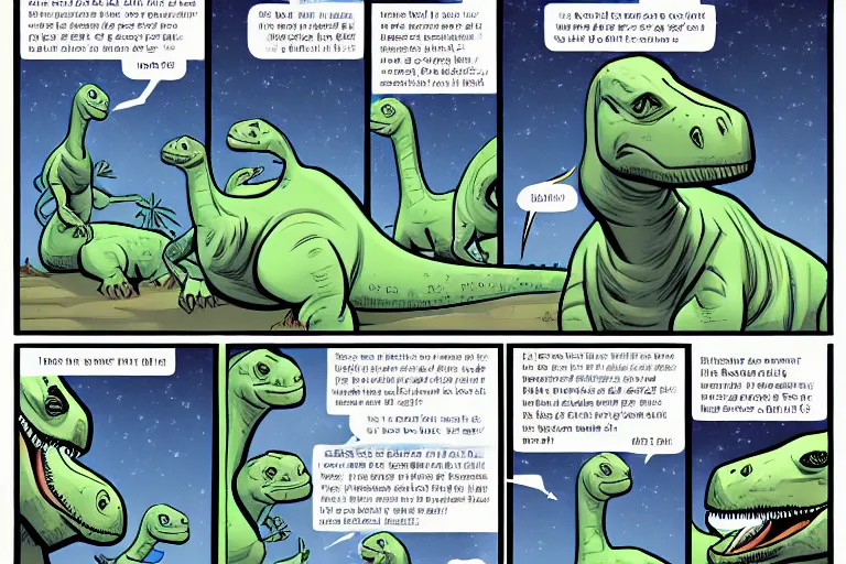 Image similar to a comic page with two dinosaurs speaking about asteroids