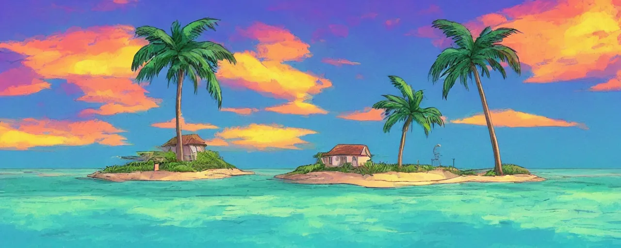 Image similar to small house on a tiny island in the middle of the ocean, (((colorful clouds))), sunset, palm trees, ghibli style