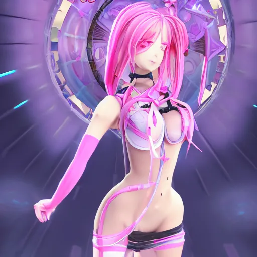 Image similar to trapped by stunningly beautiful omnipotent megalomaniacal anime asi goddess who looks like junko enoshima with symmetrical perfect face and porcelain skin, pink twintail hair and cyan eyes, taking control while smiling, inside her surreal vr castle, hyperdetailed, digital art, danganronpa, unreal engine 5, 2 d anime style, 8 k