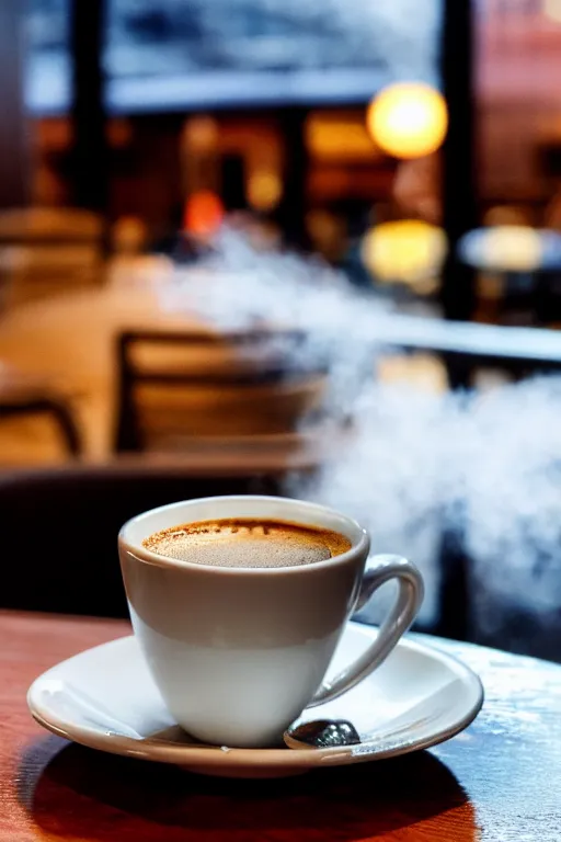 Image similar to realistic detailed photo of a steaming cup of coffee on a saucer with a flaky pastry on the side and a coffee spoon next to it on the table, hotel lobby in the background, liminal spaces, hdr, volumetric lighting, dim light, diffuse light, depth of field