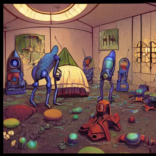 Image similar to medieval extraterrestrial villagers pointing to broken non - functioning robot sitting on floor in corner of room, colorful, dramatic lighting, illustration, fantastic planet, ron cobb, mike mignogna, jim henson creature shop, science fiction, detailed painting, high detail, coherent, rough paper