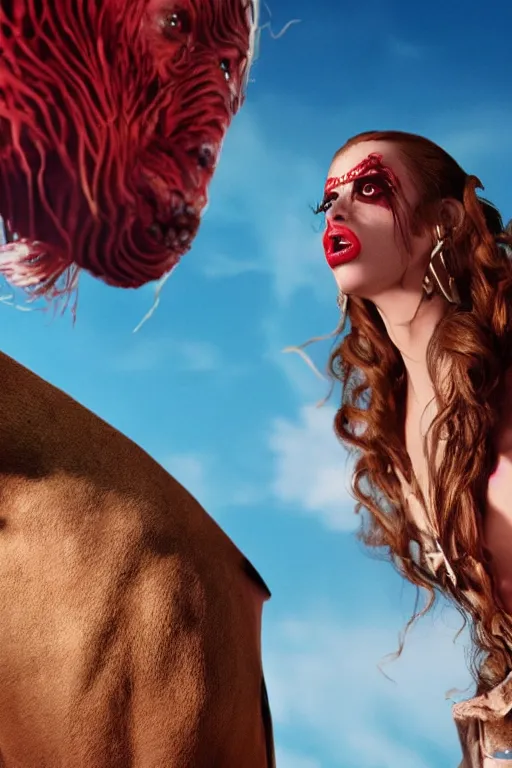 Image similar to film still of jar jar binks as a female cowgirl, long eyeslashes, big juicy lips, big seductive eyes, dramatic cinematic lighting, dolce & gabbana campaign, shot by mario testino, realistic vfx simulation, wavy red hair blowing in the wind 4 k