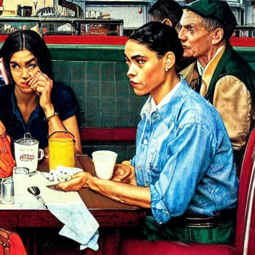 Prompt: Alexandria Ocasio-Cortez in a diner, by Norman Rockwell