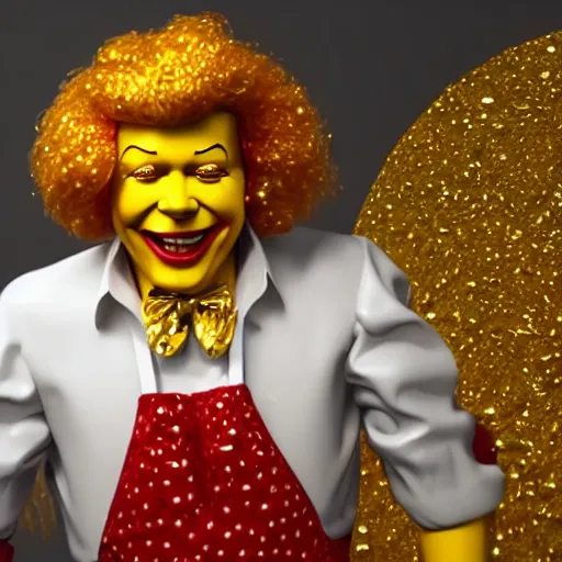 Image similar to a still of ronald mcdonald surrounded by gold and diamonds, award - winning, photograph, 3 d render, unreal engine, 4 k detailed