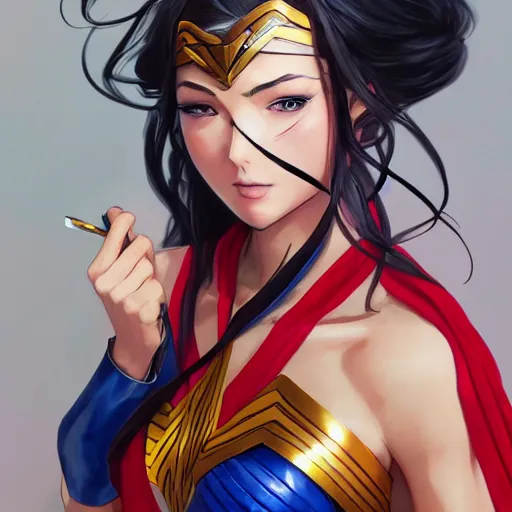 Image similar to A realistic anime wonder woman with wearing a kimono, digital painting, by WLOP and Rossdraws, digtial painting, trending on ArtStation, deviantart