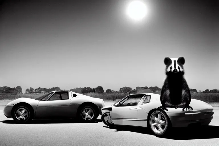 Prompt: a highly detailed depiction of an anthro badger wearing a tuxedo sitting on the hood of his ferrari, ultra realistic, moonlit parking lot, beautiful lighting, photorealistic, hyperrealistic, octane, epic composition, sharp focus, masterpiece, vibrant colors, by richard avedon and annie leibovitz and arnold newman