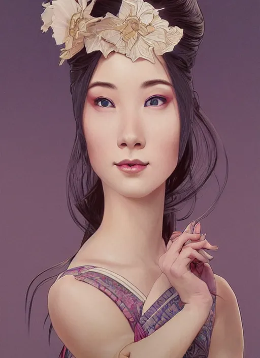 Image similar to ultra realistic illustration, smiling geisha prima ballerina, sci - fi, fantasy, symmetrical face, intricate, elegant, highly detailed, digital painting, artstation, concept art, smooth, sharp focus, illustration, art by artgerm and alphonse mucha