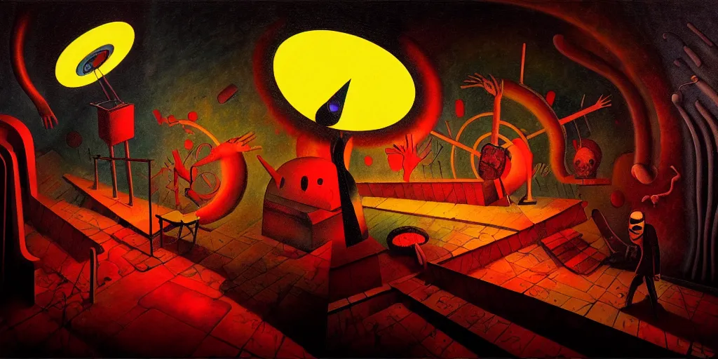 Image similar to hedonic treadmill, dark uncanny surreal painting by ronny khalil, shaun tan, and kandinsky, dramatic lighting from fire glow, mouth of hell, ixions wheel