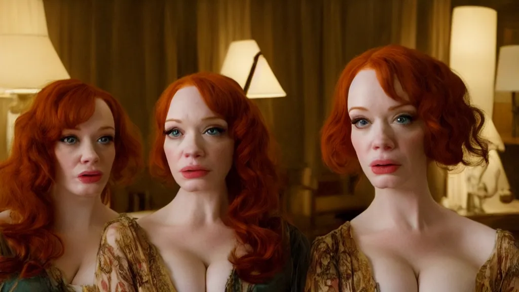 Image similar to a very surprised beautiful Christina Hendricks and her twin sister in the living room, film still from the movie directed by Denis Villeneuve with art direction by Salvador Dalí, wide lens