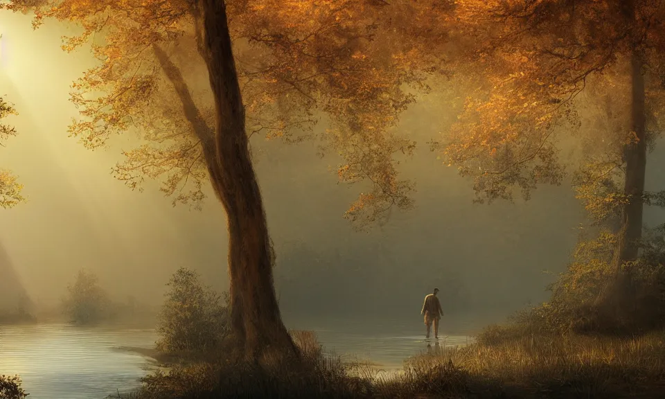 Prompt: A matte painting of an adventurer walking along the river bank in a forest during the golden hour in autumn, surrounded by dust and volumetric light shining through the tree tops