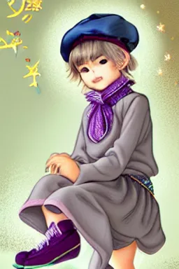 Image similar to Full View fairy maiden with short blond hair wearing an oversized purple Beret, Baggy Purple overall shorts, Short Puffy pants made of silk, silk shoes, a big billowy scarf, Golden Ribbon, and white leggings Covered in stars. covered in embroidery. Short Hair. peasant magic. masterpiece 4k digital illustration by Ruan Jia and Mandy Jurgens and Artgerm and william-adolphe bouguereau, award winning, Artstation, art nouveau aesthetic, Alphonse Mucha background, intricate details, realistic, panoramic view, Hyperdetailed, 8k resolution, intricate art nouveau