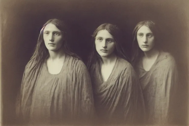 Prompt: three young women at the sepulchre, julia margaret cameron