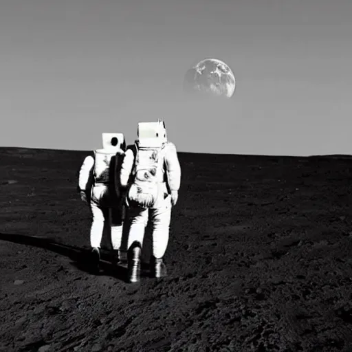 Image similar to a gay couple taking a stroll on the moon, with the earth showing in the pitch black sky