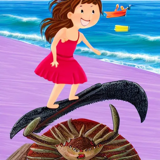 Image similar to cartoon of little girl raiding on top of huge monster crab on the beach.