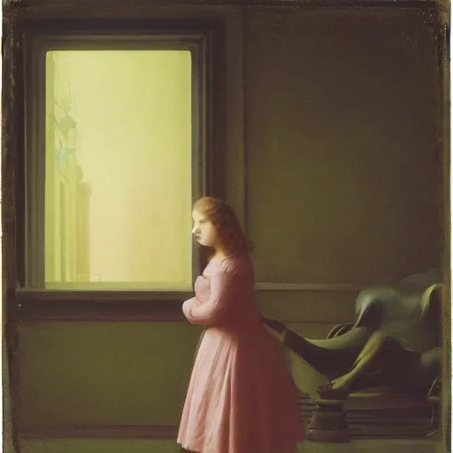 Image similar to a beautiful young girl in front a dark wallpaper by ernst heackel, daguerreotype by edward hopper, by henri rousseau, by Bosch, art noveau, highly detailed, strong lights, liminal, eerie, Bright pastel colors, octane render, 8k,