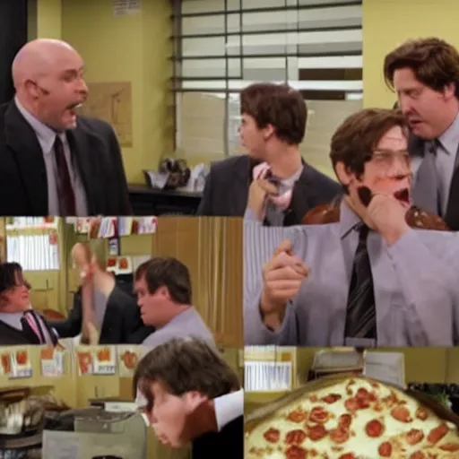 Image similar to The cast of The Office having a food fight, cinematic, high detail