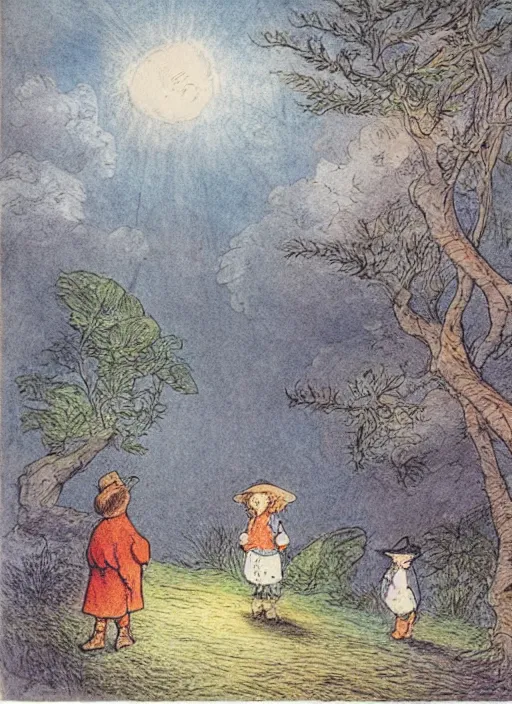 Prompt: transitioning from day to night, surrounded by light clouds, landscape, illustrated by peggy fortnum and beatrix potter and sir john tenniel