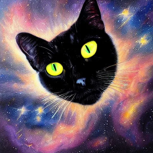 Prompt: spectacular oil painting of a black cat with bright green eyes floating through a nebula