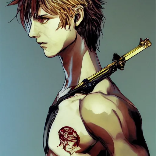 Image similar to portrait of a young white hero using his right arm to hold his sword covering his eye by yoji shinkawa, high quality, extra details, realism, ornate, colored, golden chain, blood, white skin, short hair, brown eyes, vivid, sunlight, red headband, black eyepatch, white american soldier, painting, cybernetics, military