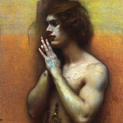 Prompt: eloquent haunted young man head in hands against bright background, oil painting, gaston bussiere, mucha, gerome,