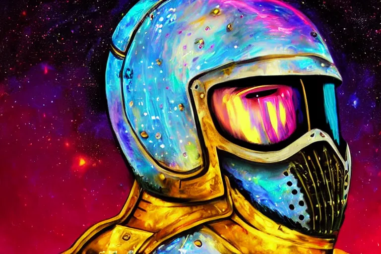 Image similar to digital art of a spiritual medieval knight wearing suit of armor looking up at the stars, acrylic art, universe, painting, pastel colors, synthwave, retro, cyberpunk,