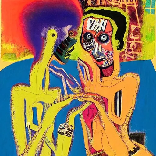 Image similar to beautiful painting of two bizarre psychedelic goth women kissing each other closeup in a cafe in japan, speculative evolution, mixed media collage by basquiat and jackson pollock, magazine collage art, sapphic art, lesbian art