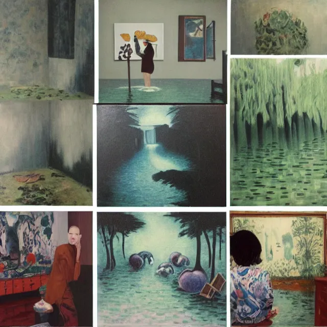 Image similar to tall emo artist in her flooded apartment, painting of flood waters inside an artist's home, a river flooding indoors, pomegranates, pigs, ikebana, zen, water, octopus, river, rapids, waterfall, black swans, canoe, berries, acrylic on canvas, surrealist, by magritte and monet