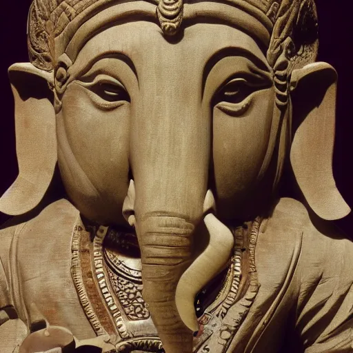 Prompt: A large. ancient wood sculpture of Ganesh, shot on canon camera, shot on 16mm film, hyper-realistic, photo