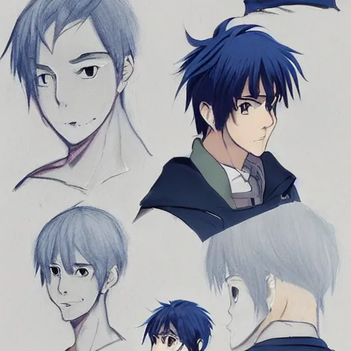 Prompt: Anime concept art of a man with navy blue hair