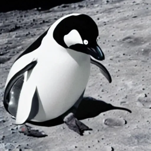 Prompt: A penguin wearing a space helmet. The apollo lunar lander on the lunar surface next to it. CCTV footage.