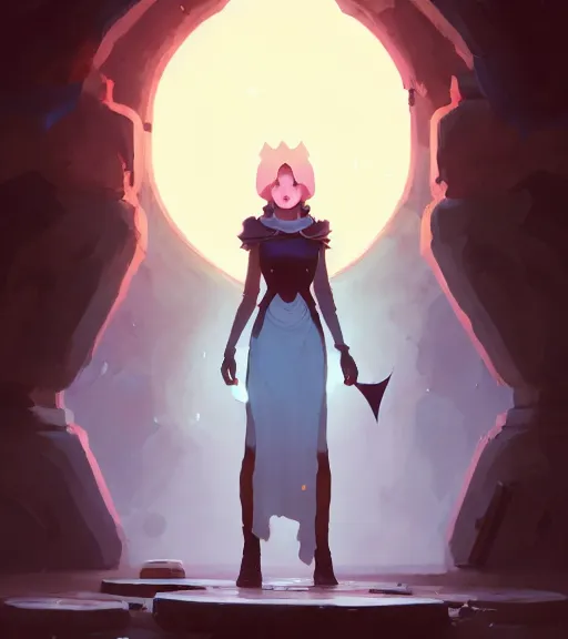 Image similar to a full body portrait of a female mage, d & d, fantasy, standing near a portal by atey ghailan, by greg rutkowski, by greg tocchini, by james gilleard, by joe fenton, by kaethe butcher, dynamic lighting, gradient light blue, brown, blonde cream and white color scheme, grunge aesthetic