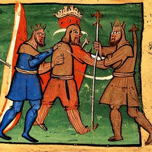Prompt: medieval manuscript painting depicting knights fighting bigfoot