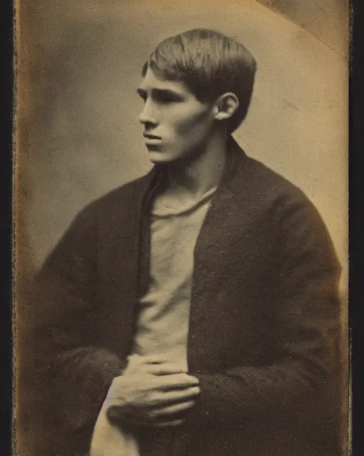 Prompt: tintype photo of alyosha karamazov, innocent young russian man, by julia margaret cameron 1 8 8 0 s, realistic, body shot, sharp focus, 8 k high definition, insanely detailed, intricate, elegant