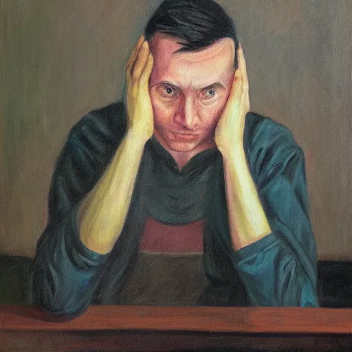 Prompt: A Python programmer's despair, oil on canvas, 1963