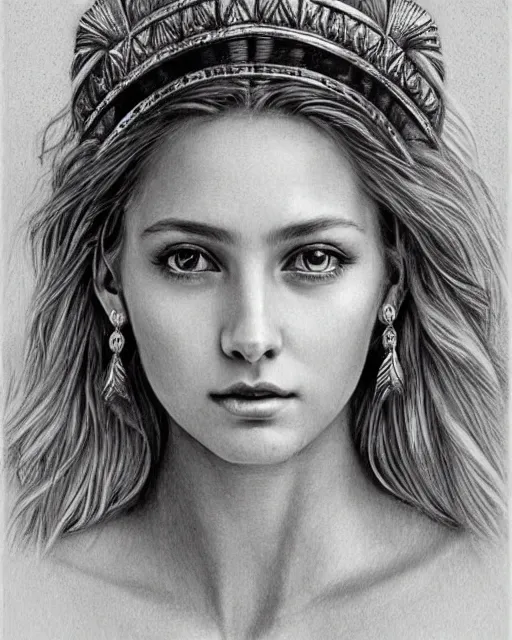 Image similar to pencil drawing of a beautiful greek goddess aphrodite wearing a laurel wreath and arrowhead earrings, beautiful confident eyes, beautiful flowing hair, hyper realistic face, in the style of greg rutkowski, fantasy, amazing detail, epic, elegant, smooth, sharp focus, from the front, long shot