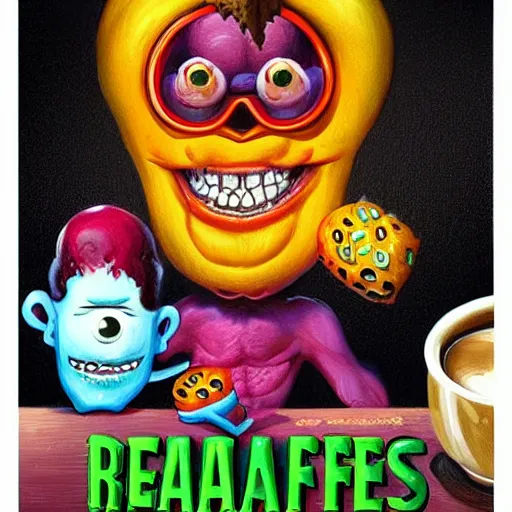 Prompt: a breakfast monsters ,coffee, colorful, digital art, fantasy, magic, trending on artstation, ultra detailed, professional illustration by Basil Gogos