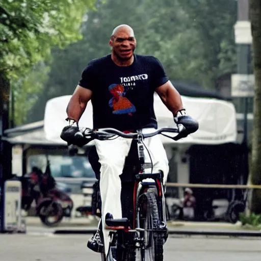 Image similar to mike tyson riding an extremely tiny bike